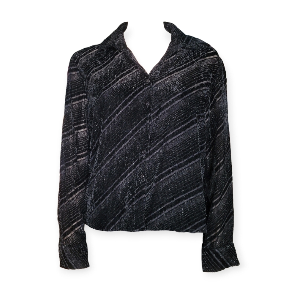 Vintage 90s Y2K Pulli Black Velvet Burnout Stripe Shirt Whimsigoth Goth